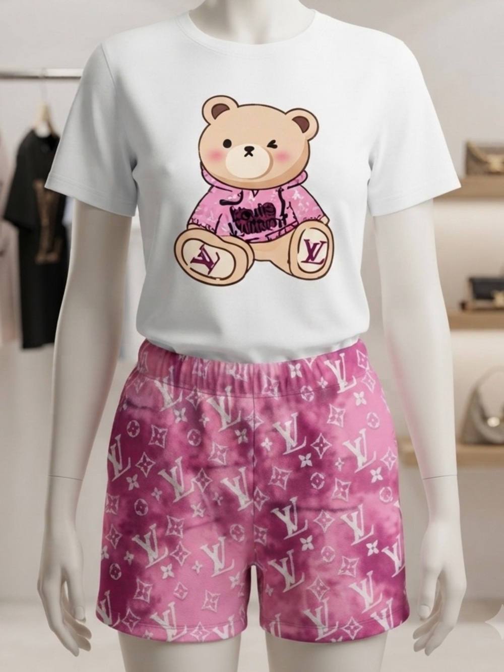 White Tee and Pink Teddy-Print Set